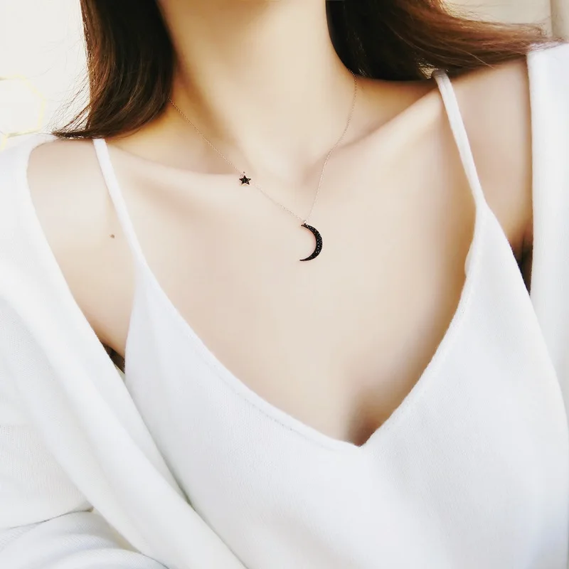 

USENSET Fashion INS Net Red Black the Moon And Stars Necklace Simple a Frigid Wind the Moon Choker Female