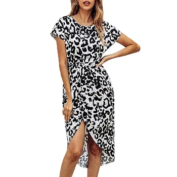 

LNCDIS NEW HOT Fashion Women Summer Casual Print Loose Bow Tie Splice Pocket Club Beach Dress S-XL Freeship N4