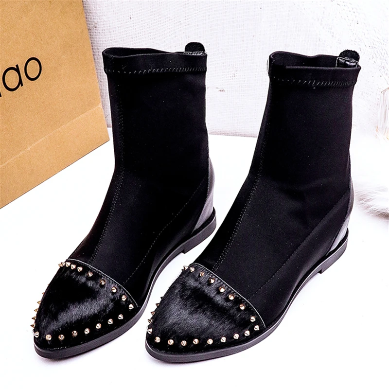 New 2017 Horsehair Fashion Rivets Booties Shoes Famous designer Boots European Hot Sell Ladies brand Boots Height Increasing