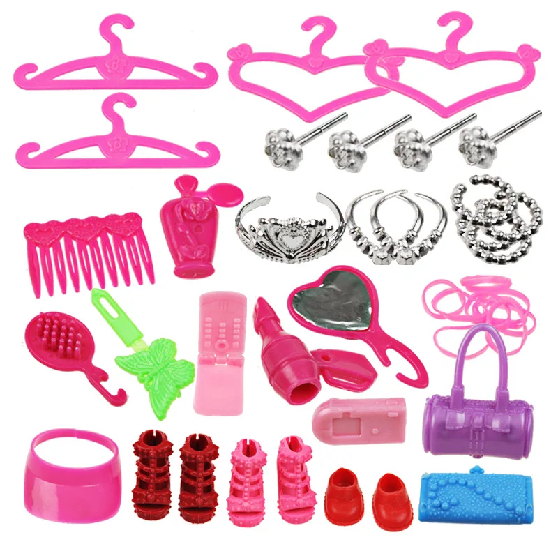 

Child Girls 42 PC/ Set Doll Accessories Best Gift Packs Hangers Bag Shoe Earring Bowknot Crown For Barbie Dolls Dress up Toys