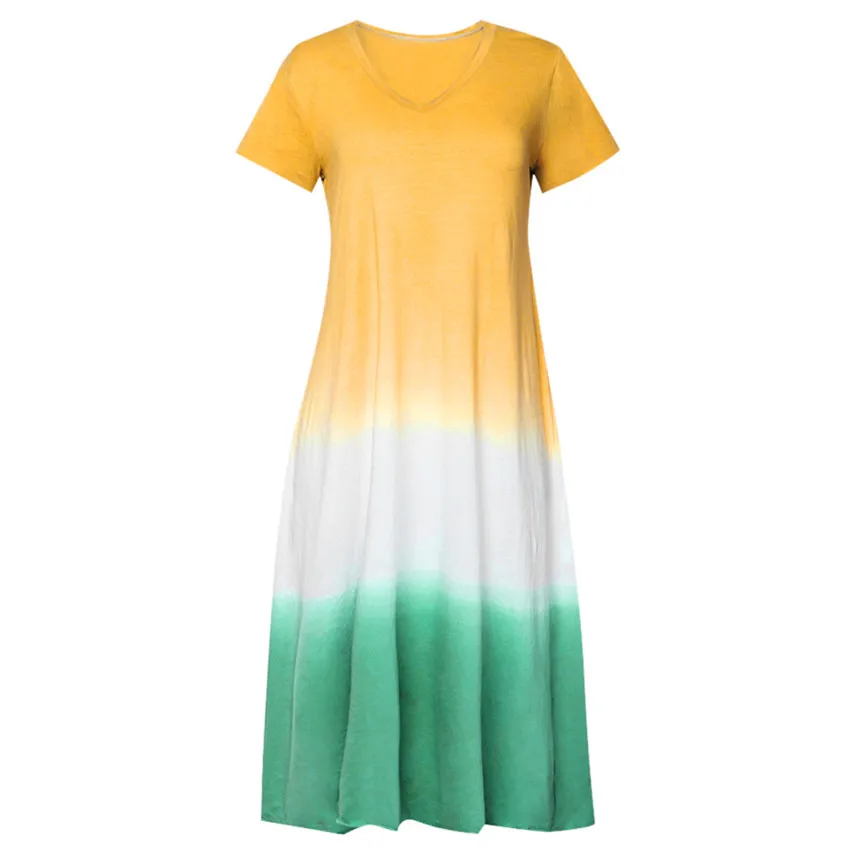 Women Summer Dress Fashion Sexy Dress Plus Size Tie-dyed Color Block Loose V Neck Short Sleeve Maxi Elegant Party Vestidos