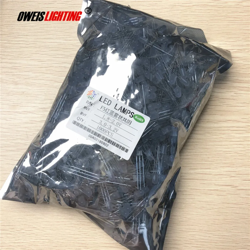 1000pcs F5 RED / BLUE 5mm Biclor DIP LED R+B diffused common cathode RED/BLUE double colors 3pin lamps dropshipping | Освещение