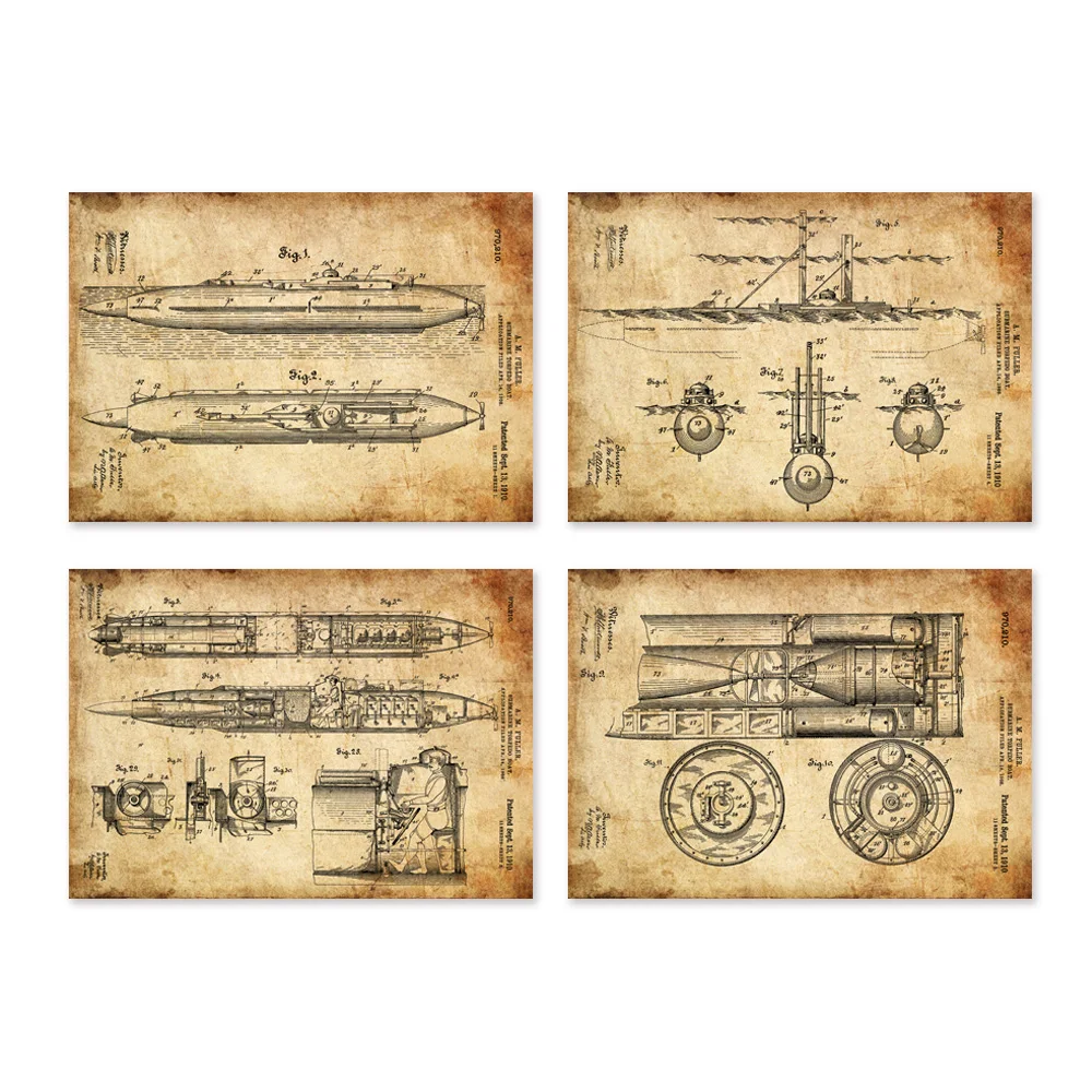 Винтажный патент на подводную лодку 1910 U-boats WW I Художественная печать военного