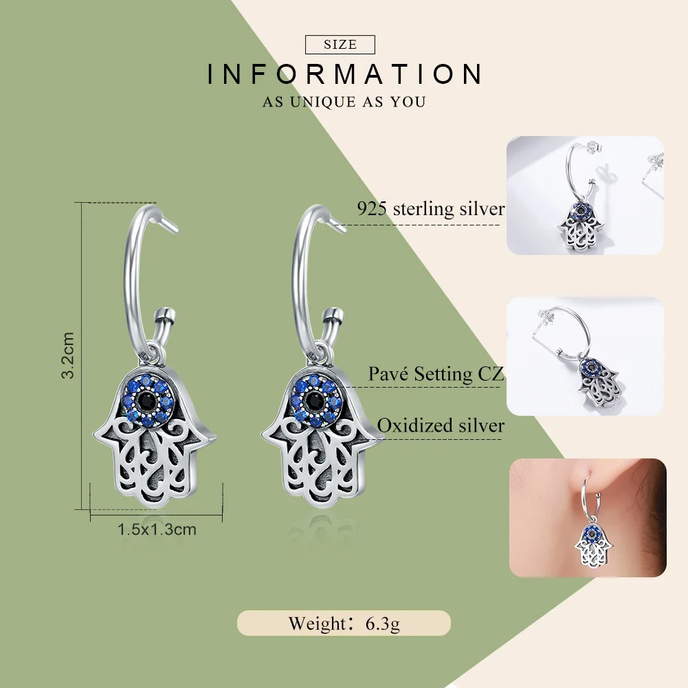 Beste Bamoer Hot Koop 100% 925 Sterling Zilveren Lucky Hamsa Hand Ronde Hoepel Oorbellen Voor Vrouwen Mode Sterling Zilveren Sieraden SCE244