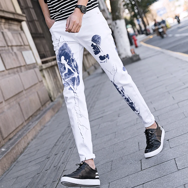 Демисезонный 2018 печатных белые джинсы Для мужчин уникальные хлопка большой Размеры Повседневное джоггеры узкие брюки Для мужчин стрейч