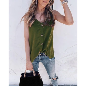 

Plus Size S-5XL Women Summer Sexy V Neck Spaghetti Strap Buttons Sleeveless Blouse Ladies Casual Solid Euro Style Shirt SJ2939M