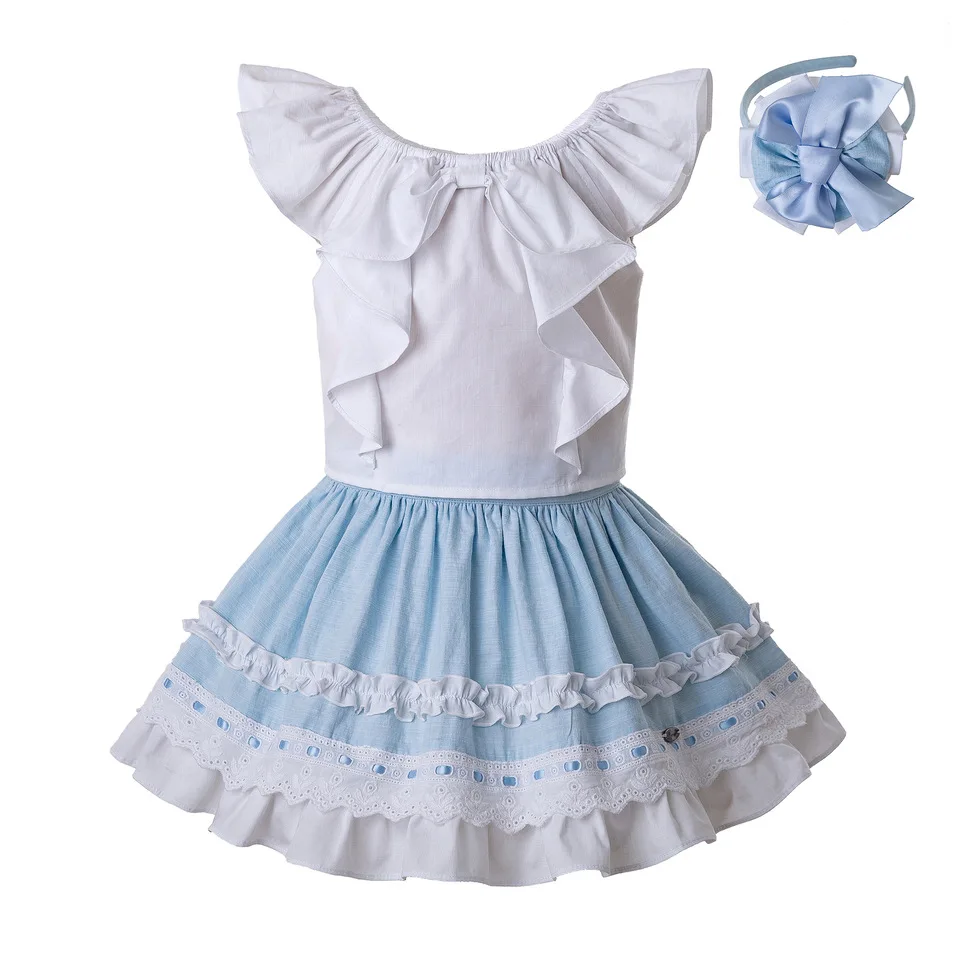 

Pettigirl Wholesale New Arrival Clothing Set For Girl With Headwear Sleeveless White Top+Blue Skirt Kids Outfit G-DMCS201-C142