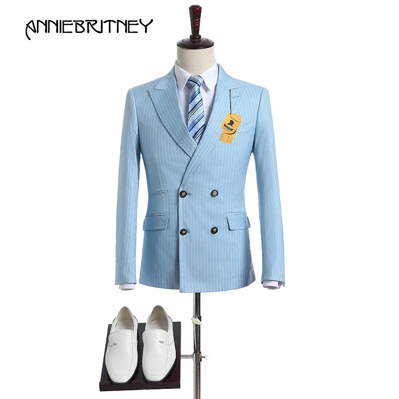New Brand Light Blue Stripes Suit Men Double Breasted Tuxedo Slim Fit 2 Piece Groom Blazer Prom Wedding Suits Ternos Jacket+Pant