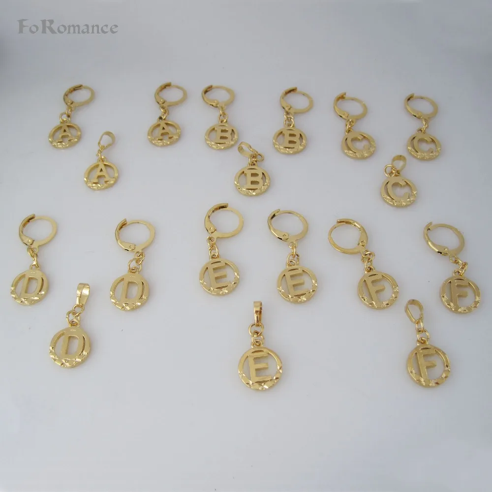 

FoRomance- HIGH QUALITY GOLD GP 26 LETTERS INITIALS FROM A TO T CIRCLE STAR CARVED PENDANT 18" WATER WAVE NECKLACE EARRING SET