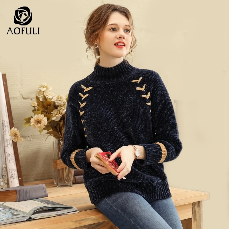 AOFULI Elegant Blue knitted sweater for women thick long sleeve pullover high neck collar warm knitwear L~ XXXL 4XL 5XL A3819 | Женская
