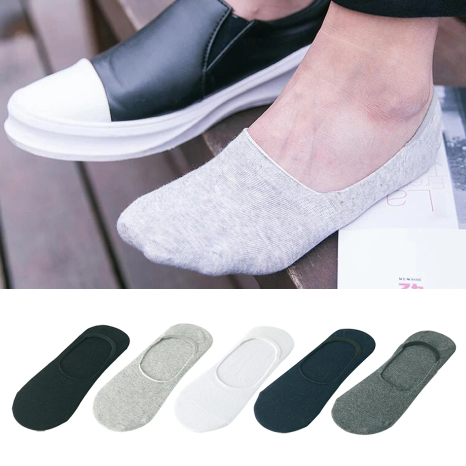 

5 Pairs 100% Cotton Boat Socks Black White Grey Men Invisible Socks Silicone Anti-slid Summer Breathable Socks for Men