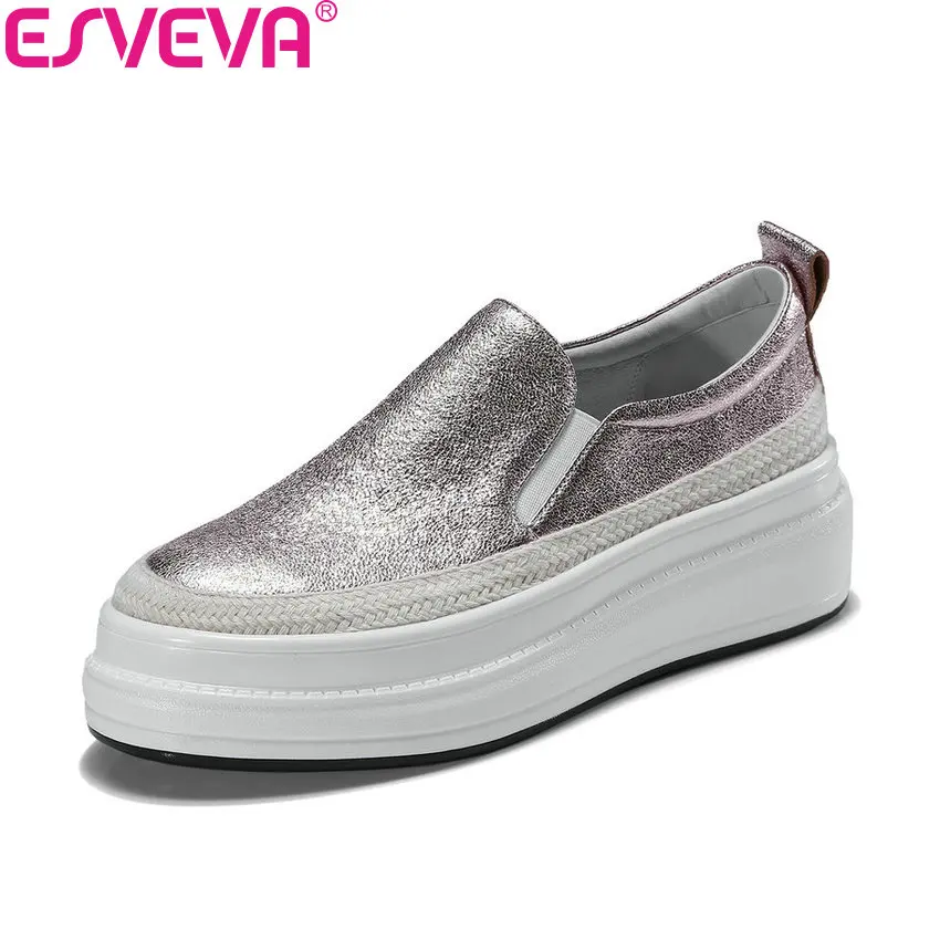 

ESVEVA 2018 Women Flats Sheepskin PU Casual Flats Shoes Spring and Autumn Slip on Round Toe Ladies Loafers Shoes Size 34-39