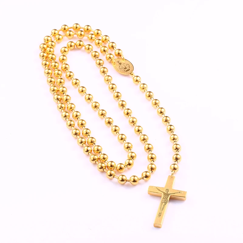 RIR причастие Четки длинное католическое ожерелье с распятием нержавеющая сталь 6 мм молитвенные бусы Религиозные ювелирные изделия - Окраска металла: Gold