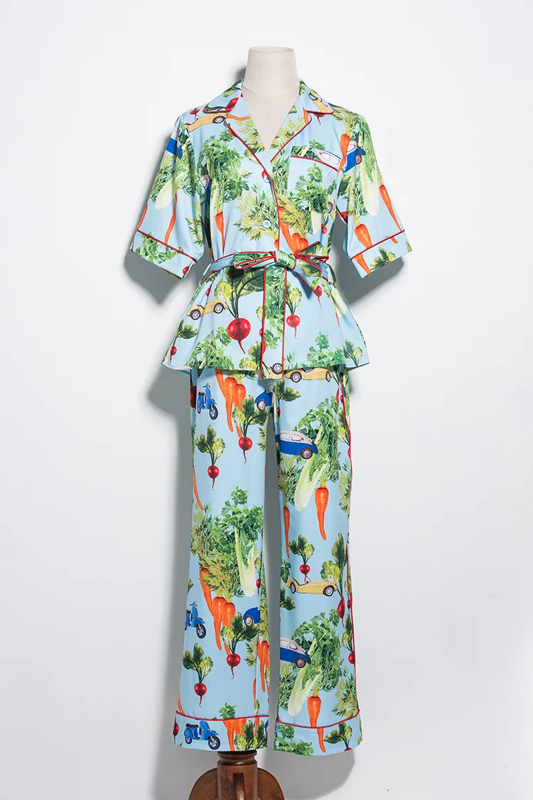 Women Set Two Piece Set Summer Short Sleeve Top Long Pants Suit Print Suit Straight Pants New