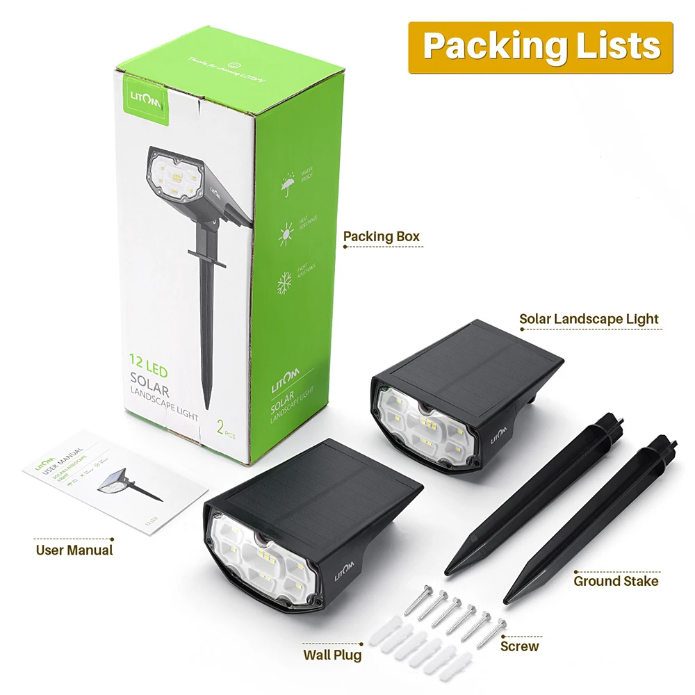 IP67 Waterproof Solar Powered Wall Lights 2-in-1 Wireless Outdoor Solar Landscaping Lights for Yard Garden Driveway Porch Walkway Pool Patio 2 Pack Warm White LITOM 12 LED Solar Landscape Spotlights