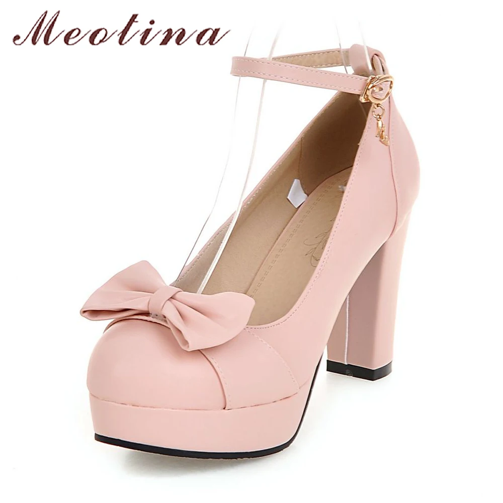 Meotina/туфли на высоком каблуке женская свадебная обувь Туфли-лодочки на платформе и высоком каблуке весенняя обувь года с ремешком на лодыжке и бантом белые, розовые, большие размеры 43