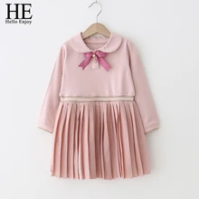 HE Hello Enjoy/платье для маленьких девочек весна-осень, бант в стиле преппи, плиссированная одежда платье с длинными рукавами Вечерние платья принцессы для девочек