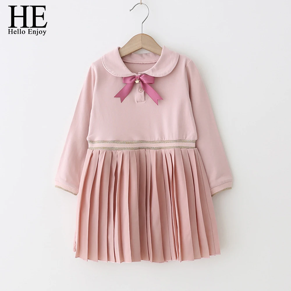 

HE Hello Enjoy Baby Girls Dress Spring Autumn Preppy Style Bow Pleated Clothes Long Sleeve Dress Girl Party Princess Clothes Kid