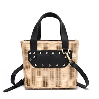 

High-grade top layer cowhide with handmade rattan, wood bag, woven bag, summer vacation bag, high quality rattan bag,