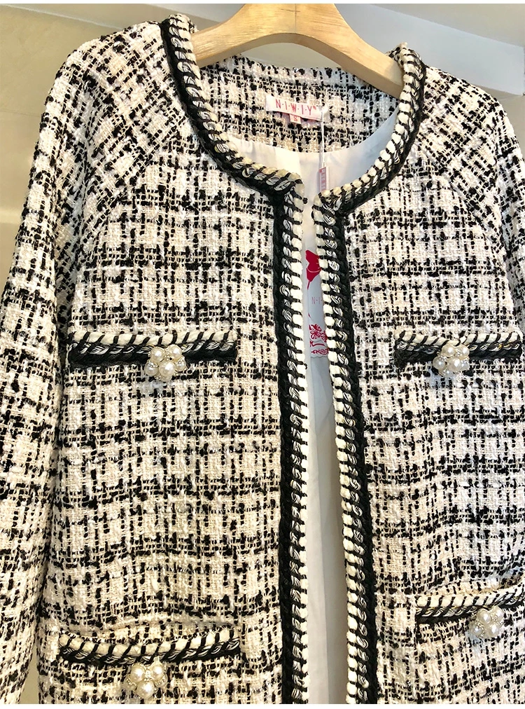red Manteau Style Black Femmes Dames Petit Manches Perles Automne 2018 Bouton Plaid Parfumé Hiver Pardessus Veste Piste Long Tweed Longues xqXUnHgwv