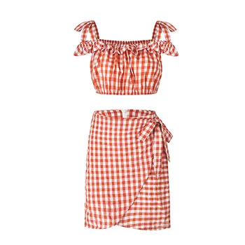 

Summer New Arrival Plaid Slash Neck Ruffles Short Top and Skirt Sets Female Cross Irregular 2 Pcs Sexy Sets