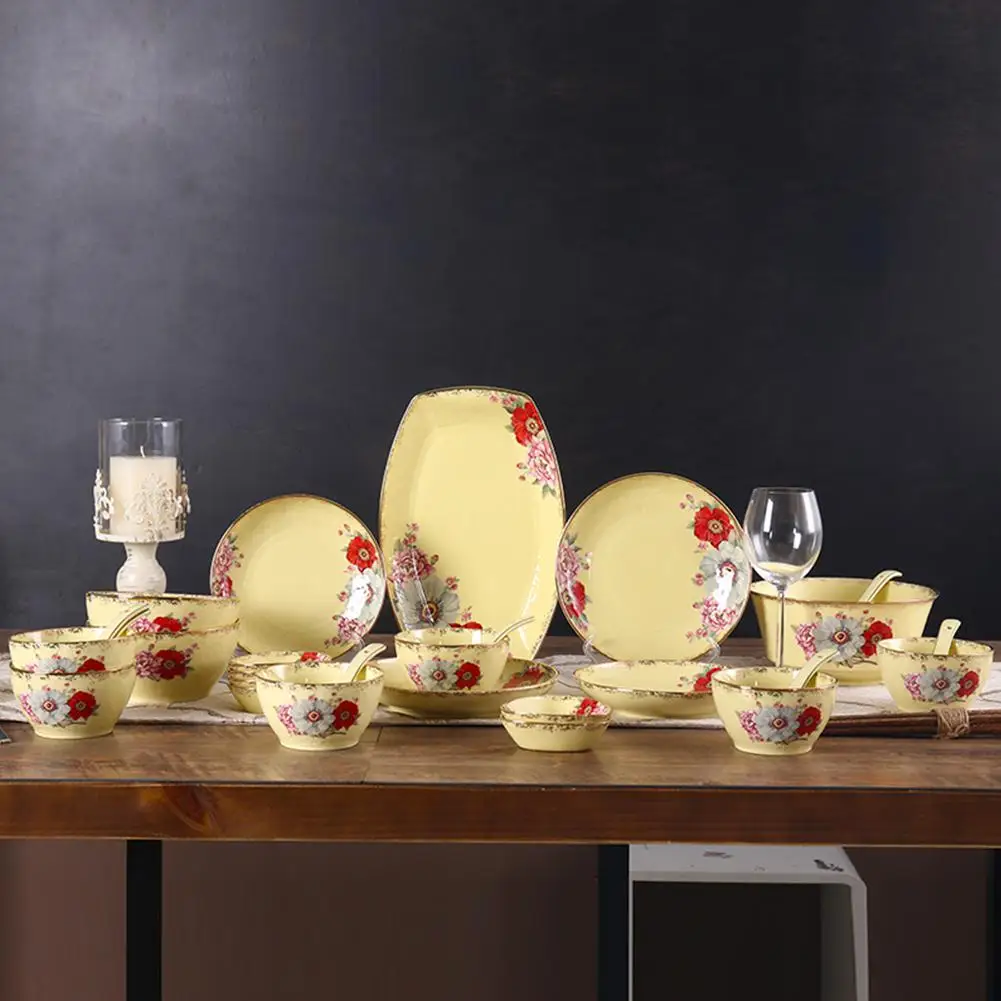 Adeeing 33 шт./компл. классический желтый Керамика столовый сервиз Элегантная с цветочным рисунком посуда набор столовых приборов