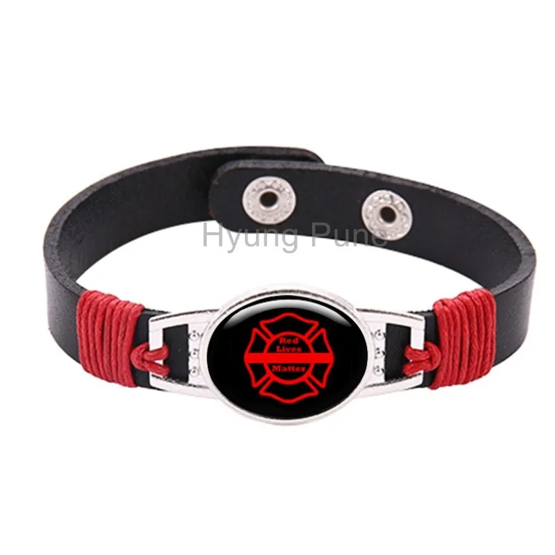 

Adjustable Black Leather Snap Button Red Firefighter Lives Matter Thin Red Line Bracelet For Men Women ,Drop Shipping!