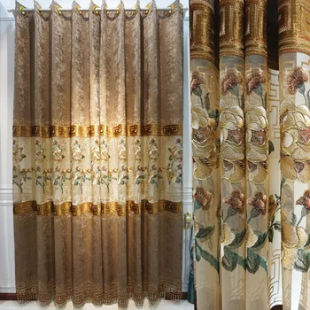 

Half Shading Embroidered European Curtains Cloth For living Room Bedroom Brown Tulle Curtains Fabric Windows Drapes Home Decor
