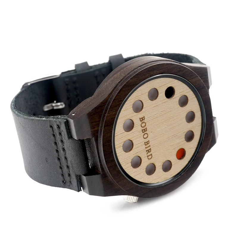 BOBO BIRD Unique Wood Watch 12 Wholes Real Leather Band Bamboo Quartz Watch for Men In Gift Box