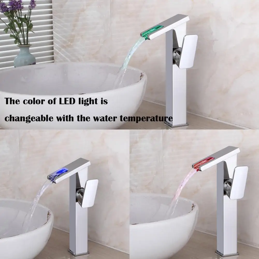 

OUYASHI bathroom basin faucet water tap led light single holder single hole modern free shiping countertop slant waterfall
