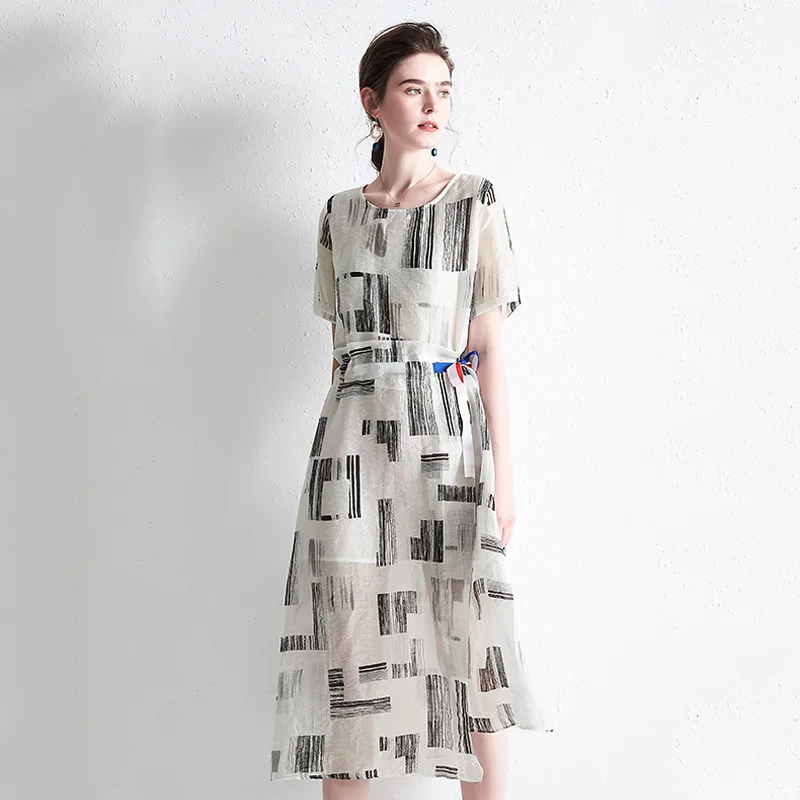 

PIXY Summer Cotton and Linen Dress Women Print Lace Up Short Sleeve Midi Dresses Elegant Designer sukienki ukraine sukienka Mori