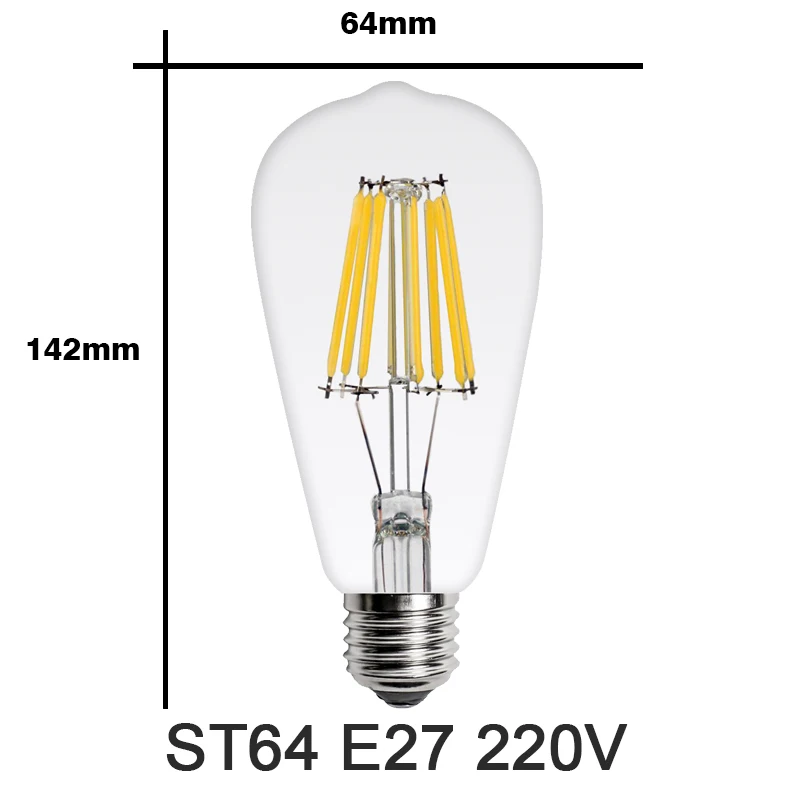 Лампа со светодиодными нитями на цоколе E27 Ретро Эдисон лампы 220V E14 винтажные светодиодные лампочки глобуса лампы в форме свечи лампочки Люстра Освещение COB домашний декор - Испускаемый цвет: ST64 E27 220V