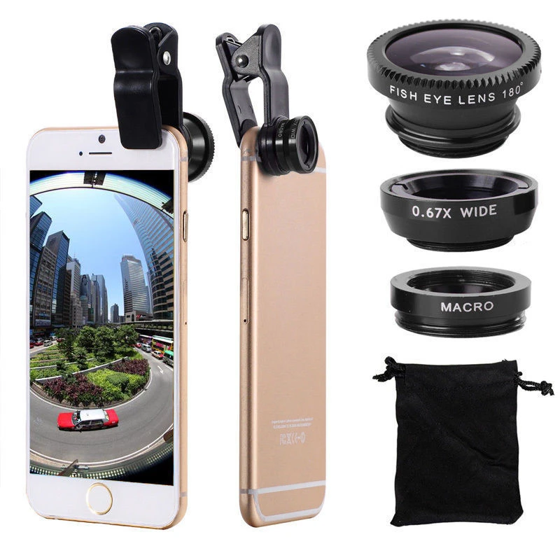 

Wide Angle Mobile Phone Camera Lens Fish Eye Macro Lens for Iphone 7 8 Plus X Universal 3 In 1 Smartphone Fisheye Lens Cover