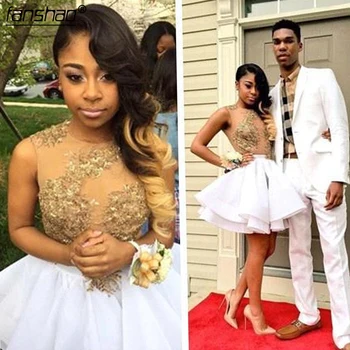 

2019 White Cocktail Dresses A-line Cap Sleeves Short Mini Gold Lace Beaded Party Plus Size Homecoming Dresses