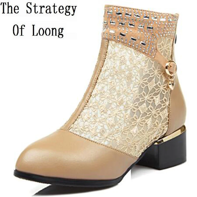 

Thick Mid Heel Genuine Leather Buckle Lace Cut Out Pearl Women Summer Sandals Ankle Boots Pointed Toe Plus Size 35-43 SXQ0527