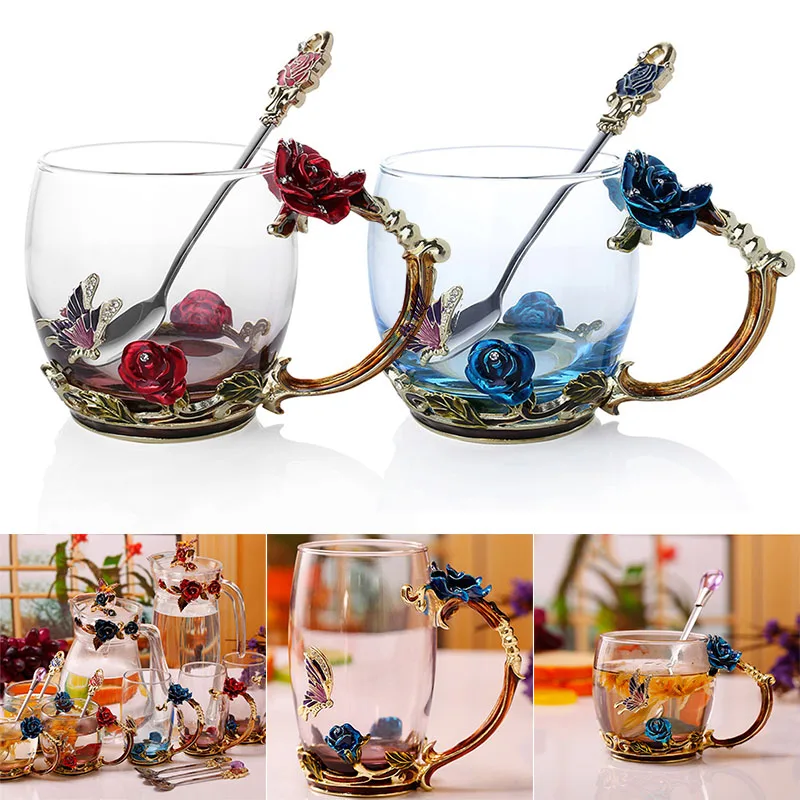 

Economical Enamel Coffee Tea Cup Mug 3D Rose Butterfly Glass Cups Wedding Gift ds99