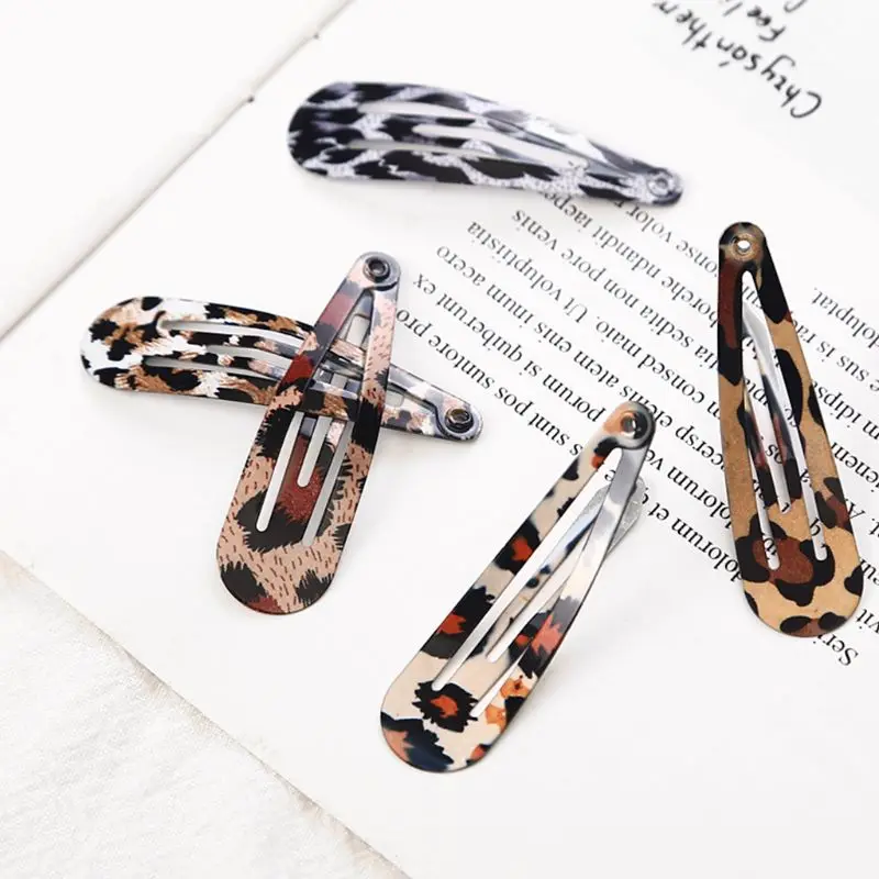 5Pcs/Set Women Ladies Boho Vintage Colored Leopard Printed Hair Clips Metal Alloy Water Drop Shape BB Hairpins Baking Paint Snap