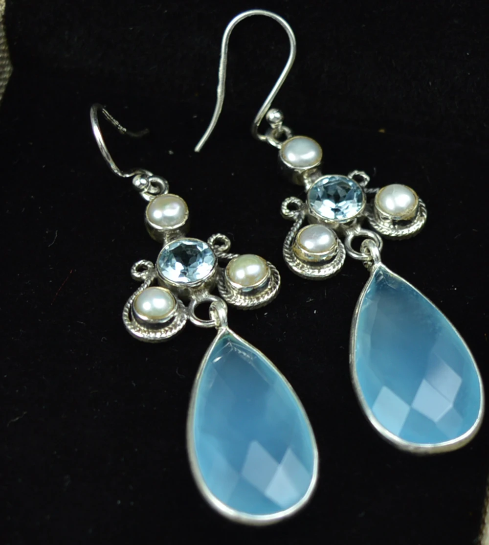 

LoveGem Genuine Chalcedony + Pearl + Blue Topaz EARRINGS 925 Sterling Silver Jewelry, 60 mm, AE2426