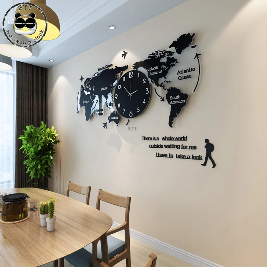 

Silent Large World Map Wall Clock Modern Design Acrylic 3D Stickers Hanging Clock Glowing in Dark Clocks Wall Watch Clock