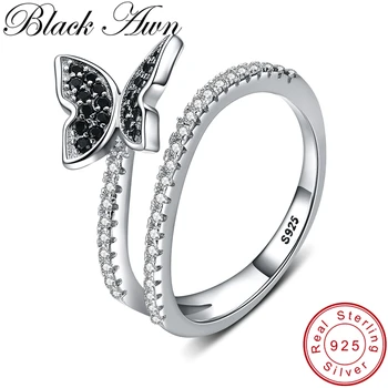 

[BLACK AWN] Cute 925 Sterling Silver Jewelry Black Spinel Elegant Butterfly Engagement Rings for Women Zircon Finger Ring G059