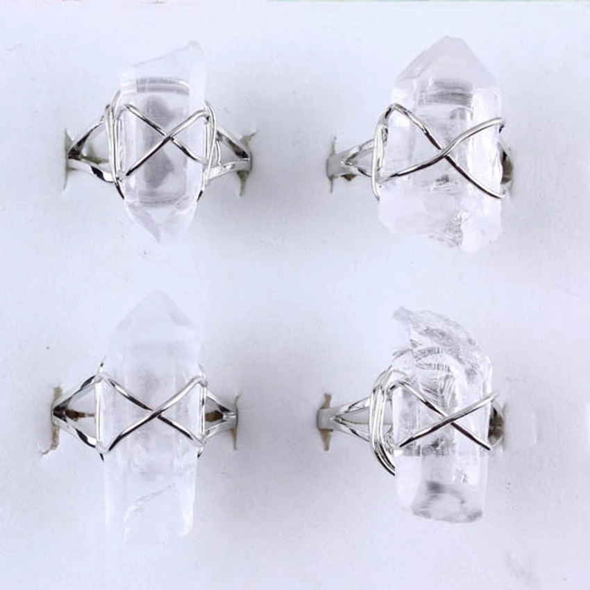 100-Unique 1 Pcs Silver Plated Wire Wrap Irregular Shape Rock Crystal Quartz Resizable Finger Ring Fashion Jewelry