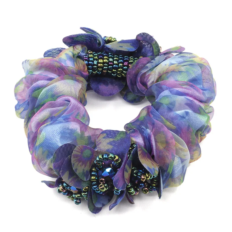 

High quality Hair Accessories for girl & women with crystal beads Hair Rope Super Elastic Headbands floral Ponytail Scrunchie