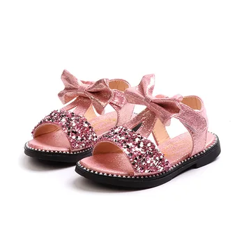 

CUZULLAA Kids Sequins Beach Sandals For Girls Princess Summer Shoes Baby Children Bowtie T-strap Sandals Shoes Size 21-36