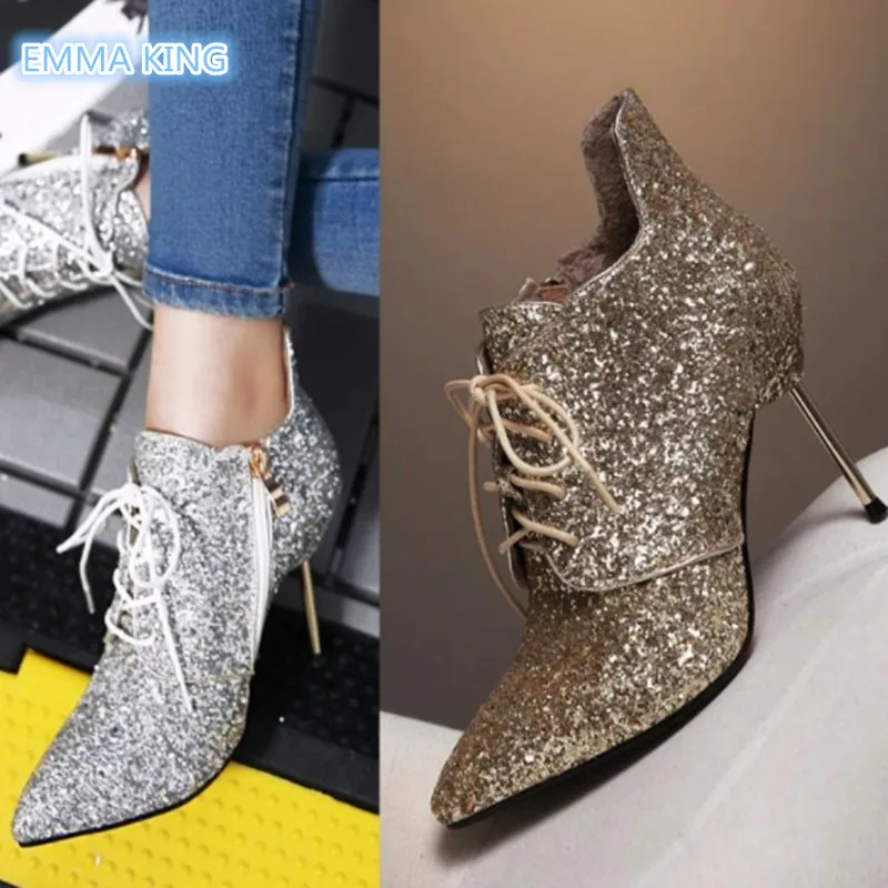 

EMMA KING Bling Bling Sequined Cloth Pointed Toe Ankle Boots For Women Cross Strap Thin High Heels Botines Mujer Ladies Shoes