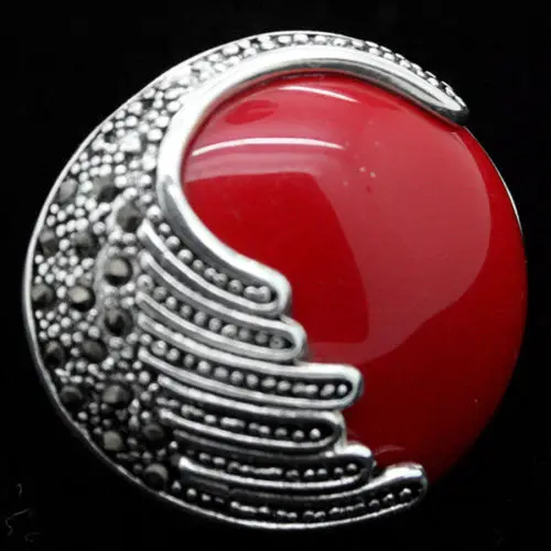 

latest design lady's 25mm Red Coral 925 Sterling Silver Marcasite Ring Size 7/8/9/10