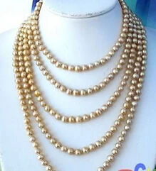 

FREE SHIPPING100" 8MM GOLD ROUND FRESHWATER CULTURED PEARL NECKLACE AAA
