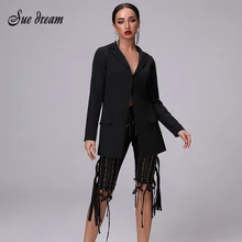 Летний костюм из 2 предметов, две штаны, белая черная костюмная куртка, Холтер, кисточка, круглый вырез, куртка с v-образным вырезом, сексуальные сетчатые кружевные штаны