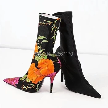 

High Quality Fashion Runway Shoes Sexy Pumps Pointed Toe High Heels Satin Boots Floral Shoes Woman Slip On Stiletto Sock Bootie