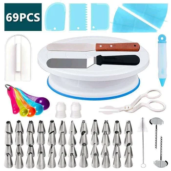 

Hifuar 69pcs/set Cake Turntable Cake Decorating Tools Rotating Cake Stand DIY Baking Tools Display Stand Icing Tips Spatula Set