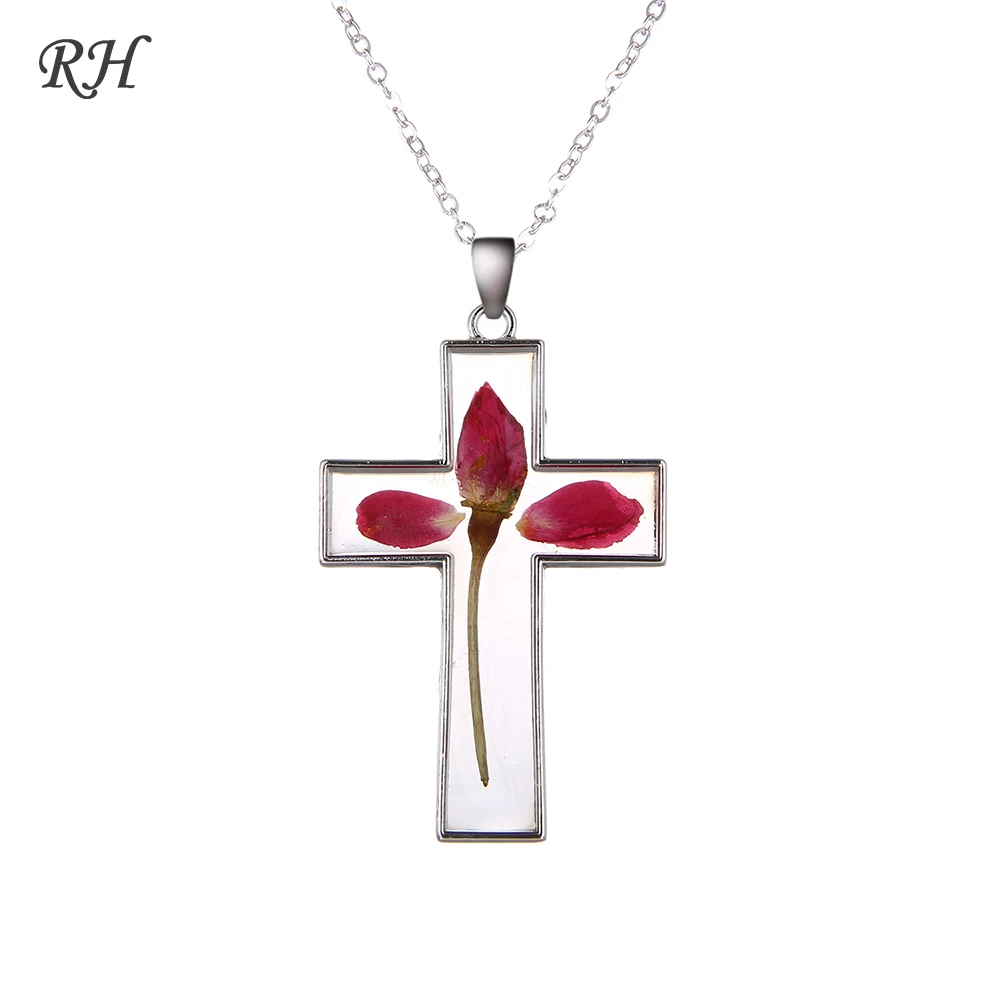 

Vintage Decorative Dried Flowers Natural Real Dry Rose Necklace Pendant Cross Metal Glass Necklace New Year Gift Sweater Chain